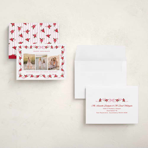 This is a gumdrop petite holiday cards with standard by Sarah Knight called poinsettia ribbon printing on signature in petite