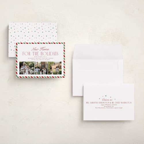 This is a cranberry petite holiday cards with standard by Hannah Williams called new home stripe printing on signature in petite