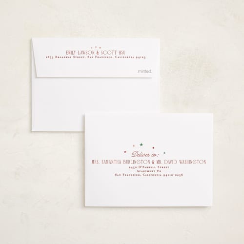 This is a cranberry petite holiday cards with standard by Hannah Williams called new home stripe printing on signature in petite
