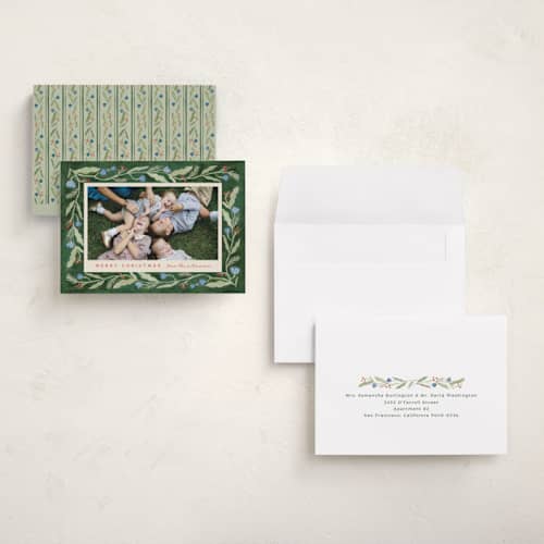 This is a pine petite holiday cards with standard by Amy Kross called verdant printing on signature in petite