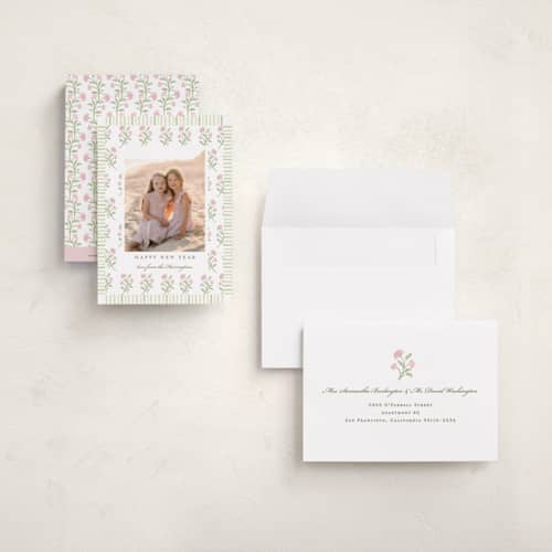 This is a candy petite holiday cards with standard by Sarah Knight called block print florals printing on signature in petite