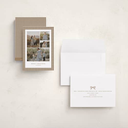 This is a tan petite holiday cards with standard by Stacey Meacham called gingham grid printing on signature in petite