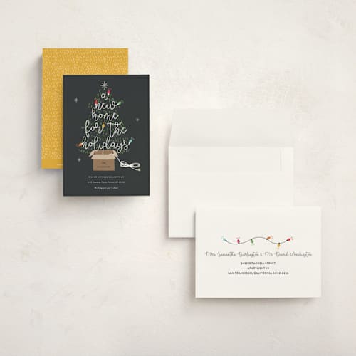 This is a charcoal petite holiday cards with standard by Corinne Malesic called twinkling new home printing on signature in petite
