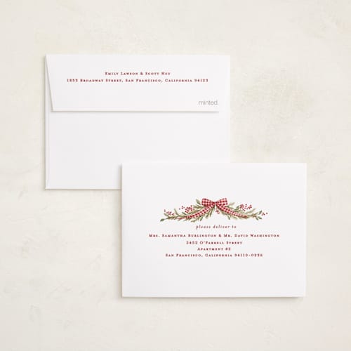 This is a stocking petite holiday cards with standard by Sarah Knight called gingham ribbon garland printing on signature in petite