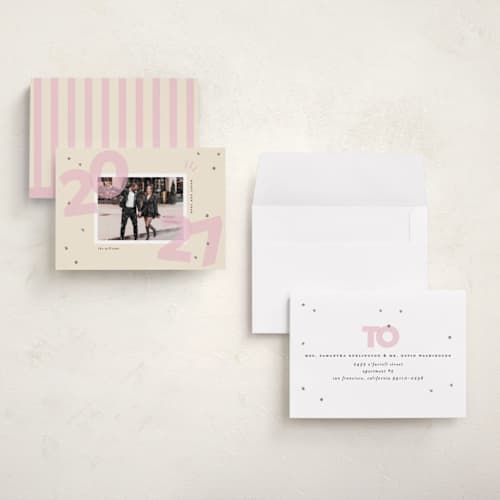 This is a blush petite holiday cards with standard by Ashley Iwafuchi called bold beginning printing on signature in petite