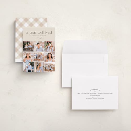 This is a eggnog petite holiday cards with standard by Shari Margolin called annual review printing on recycled smooth signature in petite