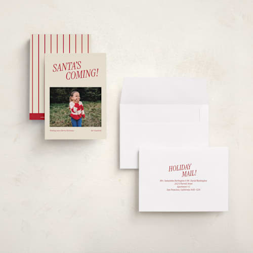 This is a candy cane petite holiday cards with standard by Angela Garrick called santa's coming printing on signature in petite
