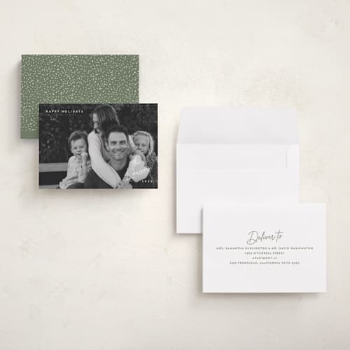 This is a snow petite holiday cards with standard by Hooray Creative called sans and signature printing on recycled smooth signature in petite