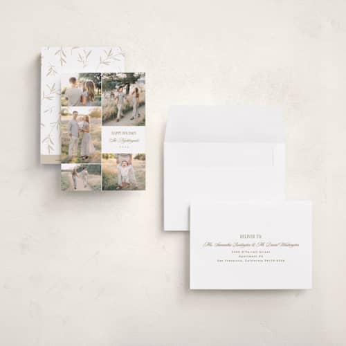 This is a champagne petite holiday cards with standard by Kelly Schmidt called minimal five printing on signature in petite