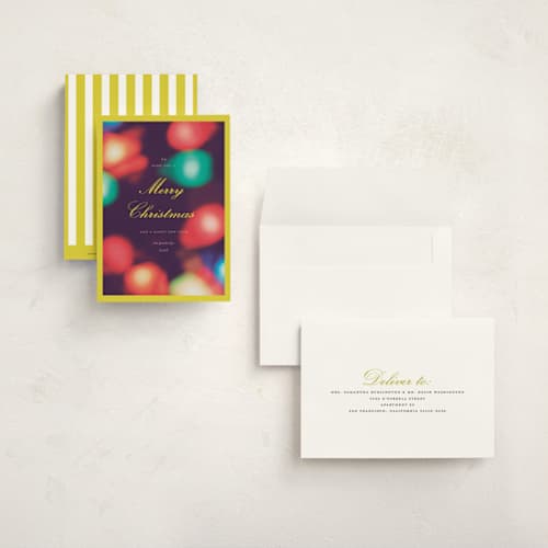 This is a lemon petite holiday cards with standard by Morgan Kendall called retro bokeh lights printing on signature in petite