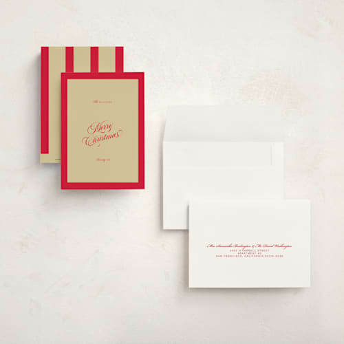 This is a crimson petite holiday cards with standard by Jen Ramsey called holiday cheer printing on signature in petite