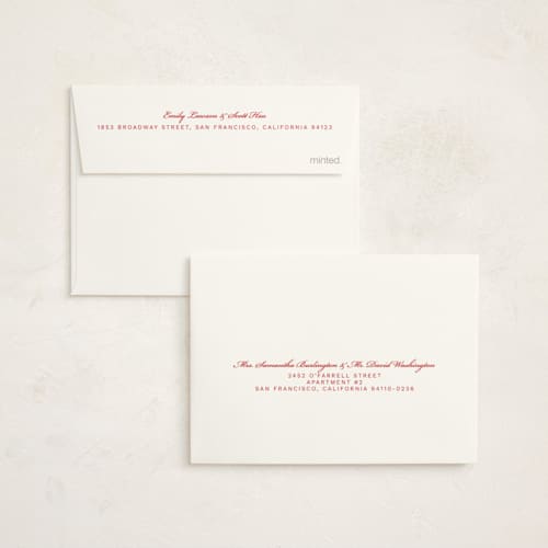 This is a crimson petite holiday cards with standard by Jen Ramsey called holiday cheer printing on signature in petite