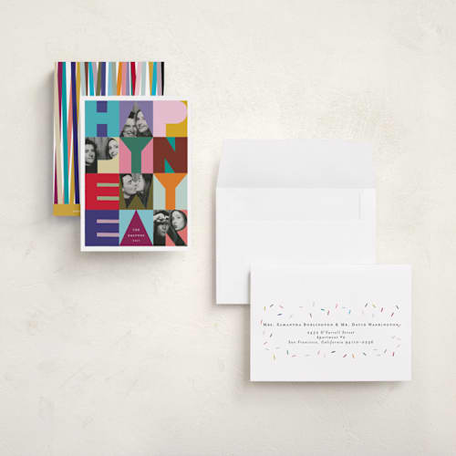This is a rainbow petite holiday cards with standard by lulu and isabelle called pop art new year printing on signature in petite