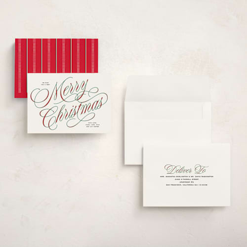 This is a stocking petite holiday cards with standard by Owl and Toad called festive outlines printing on signature in petite