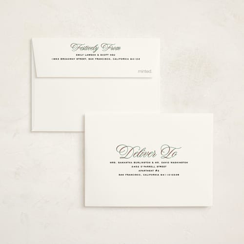 This is a stocking petite holiday cards with standard by Owl and Toad called festive outlines printing on signature in petite