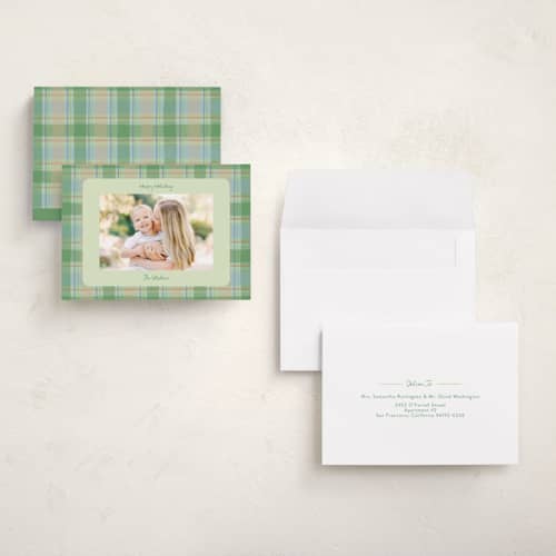 This is a pine petite holiday cards with standard by Lauren Jopling called painted holiday plaid printing on signature in petite