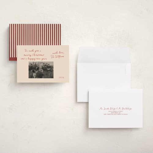 This is a burgundy petite holiday cards with standard by Rina Ozum called vintage card photo printing on signature in petite