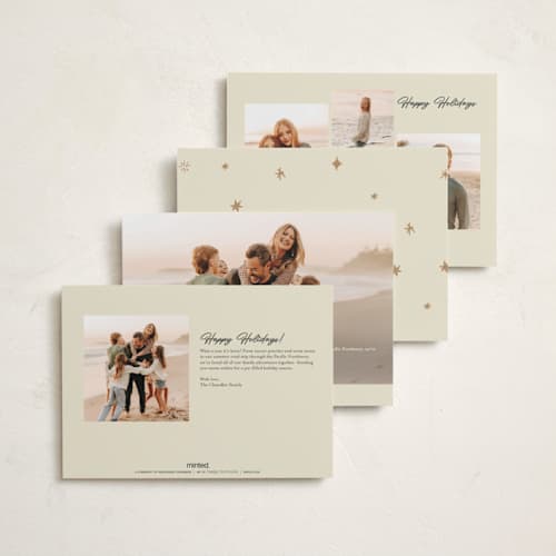 This is a champagne petite holiday cards with standard by Helena Vitto called shiny happy people printing on recycled smooth signature in petite