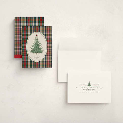 This is a peppermint petite holiday cards with standard by Heather Schertzer called plaid tree printing on signature in petite