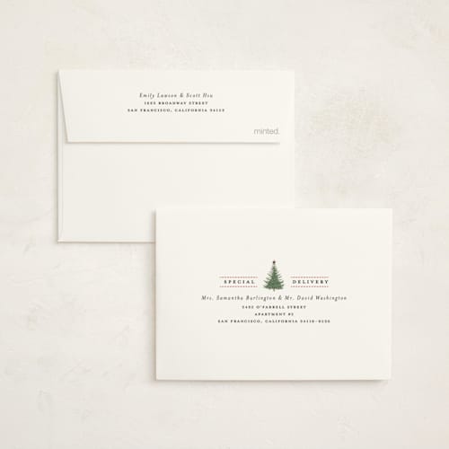 This is a peppermint petite holiday cards with standard by Heather Schertzer called plaid tree printing on signature in petite