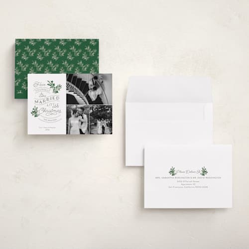 This is a evergreen petite holiday cards with standard by Sarah Brown called a little married printing on recycled smooth signature in petite