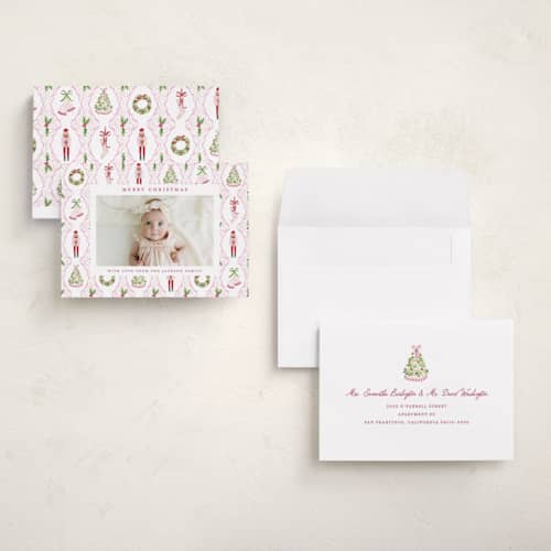 This is a powder petite holiday cards with standard by Sarah Knight called patterned icons printing on signature in petite