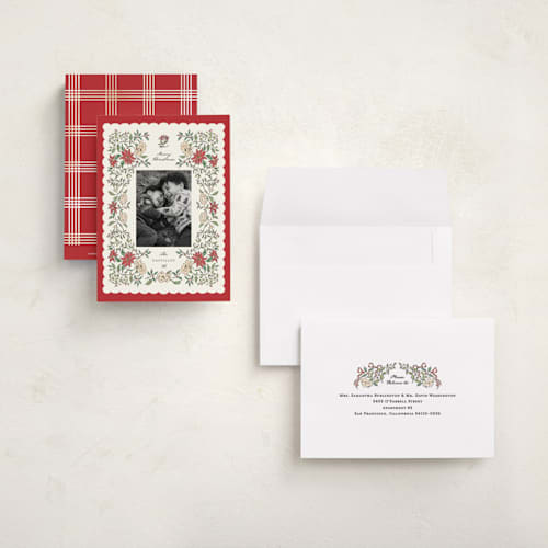 This is a holly petite holiday cards with standard by Grae called holiday botanicals printing on signature in petite