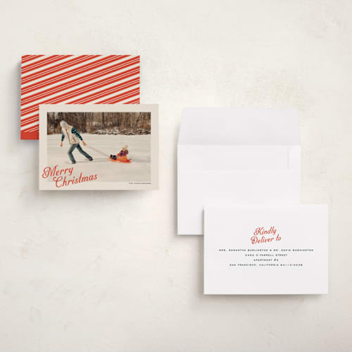 This is a peppermint petite holiday cards with standard by Ekko Studio called vintage postcard printing on signature in petite