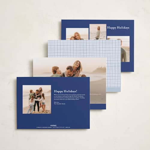 This is a chambray petite holiday cards with standard by Sarah Knight called gingham garland printing on signature in petite