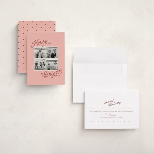 This is a raspberry petite holiday cards with standard by Vivian Yiwing called vintage polariod printing on signature in petite