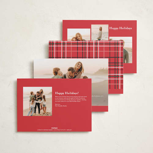 This is a poinsettia petite holiday cards with standard by Emily Sabol Goss called retro plaid printing on signature in petite