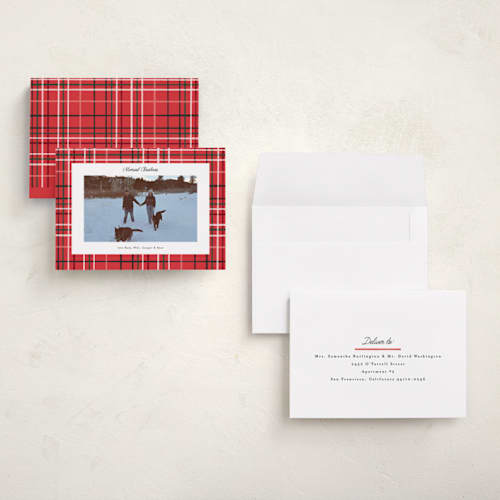 This is a poinsettia petite holiday cards with standard by Emily Sabol Goss called retro plaid printing on signature in petite
