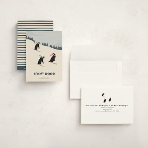This is a tutti frutti petite holiday cards with standard by Kampai Designs called skiing penguins printing on signature in petite