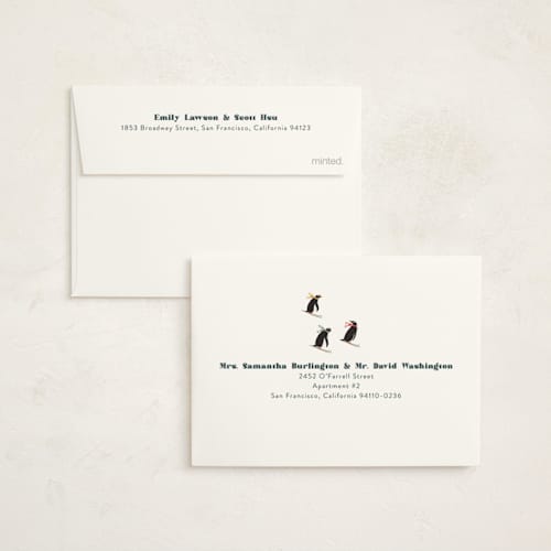 This is a tutti frutti petite holiday cards with standard by Kampai Designs called skiing penguins printing on signature in petite