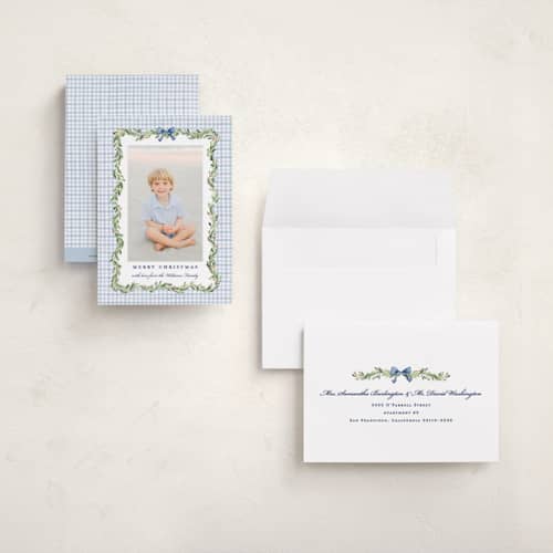 This is a chambray petite holiday cards with standard by Sarah Knight called gingham garland printing on signature in petite