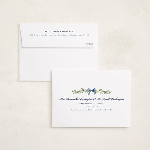 This is a chambray petite holiday cards with standard by Sarah Knight called gingham garland printing on signature in petite