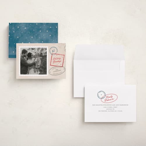 This is a cream petite holiday cards with standard by Pixel and Hank called christmas stamped printing on signature in petite