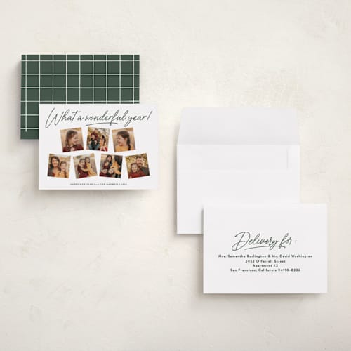 This is a pine petite holiday cards with standard by Kacey Kendrick Wagner called wonderful year printing on recycled smooth signature in petite