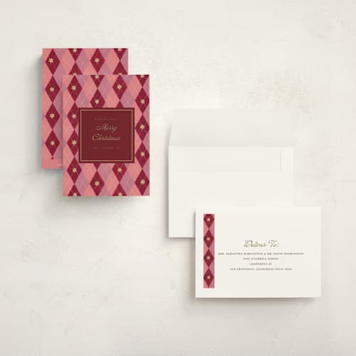 This is a berry petite holiday cards with standard by Teju Reval called argyle printing on signature in petite