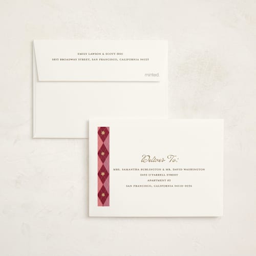 This is a berry petite holiday cards with standard by Teju Reval called argyle printing on signature in petite