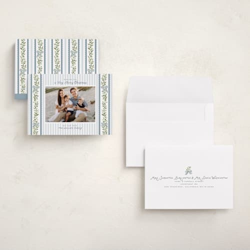 This is a glacier petite holiday cards with standard by Everett Paper Goods called stripe ribbon printing on signature in petite