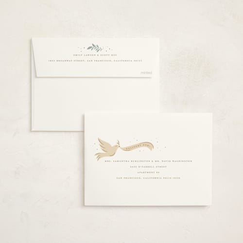 This is a blue spruce foil pressed holiday cards with foil pressed by Erin German called botanical peace on earth printing on signature in standard