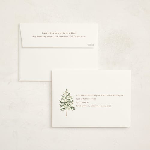 This is a snow foil pressed holiday cards with foil pressed by Amy Kross called vintage spruce printing on signature in standard