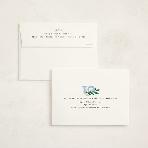 This is a periwinkle foil pressed holiday cards with foil pressed by Alethea and Ruth called peace on earth birds printing on signature in standard