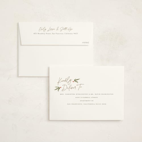This is a eggnog foil pressed holiday cards with foil pressed by Robert and Stella called holiday script printing on signature in standard