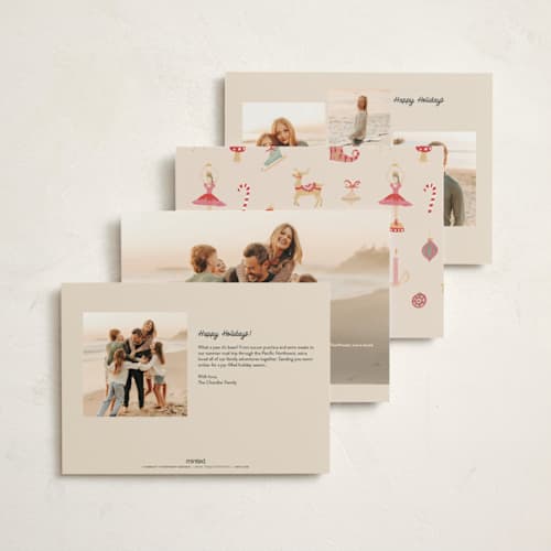 This is a champagne foil pressed holiday cards with foil pressed by Teju Reval called fun ornaments printing on signature in standard
