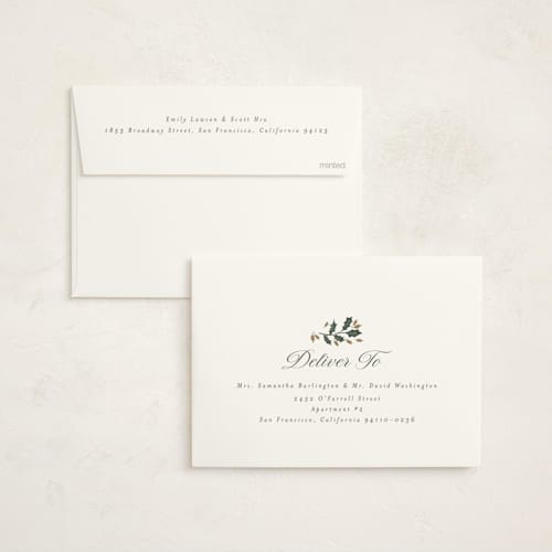 This is a snow foil pressed holiday cards with foil pressed by Rebecca Durflinger called folksy wreath printing on signature in standard