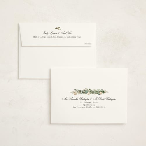 This is a wintermint foil pressed holiday cards with foil pressed by Susan Moyal called peace, love & hope printing on signature in standard