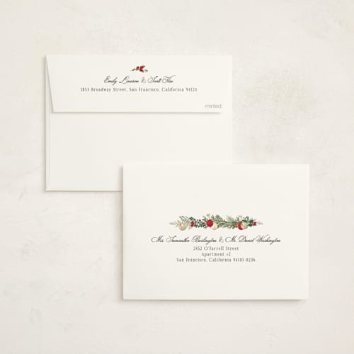 This is a holly berry foil pressed holiday cards with foil pressed by Susan Moyal called peace, love & hope printing on signature in standard