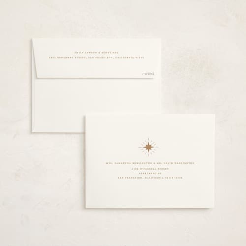 This is a honey foil pressed holiday cards with foil pressed by Teju Reval called nativity scene printing on signature in standard